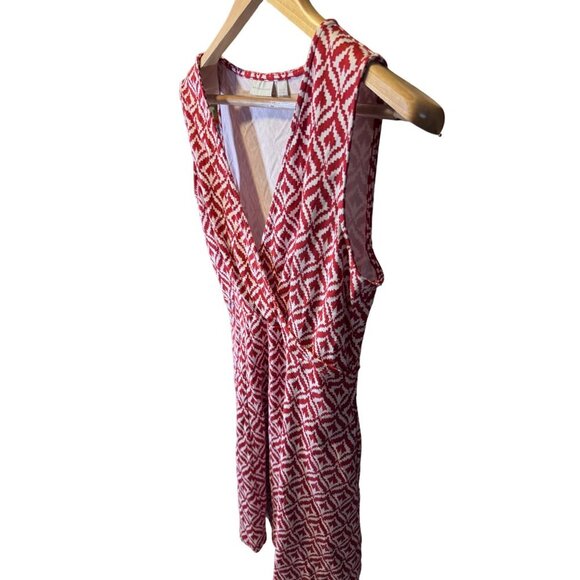 New York & Company Red and White Geometric Pattern Sleeveless Deep V-Neck Dress - Picture 3 of 5